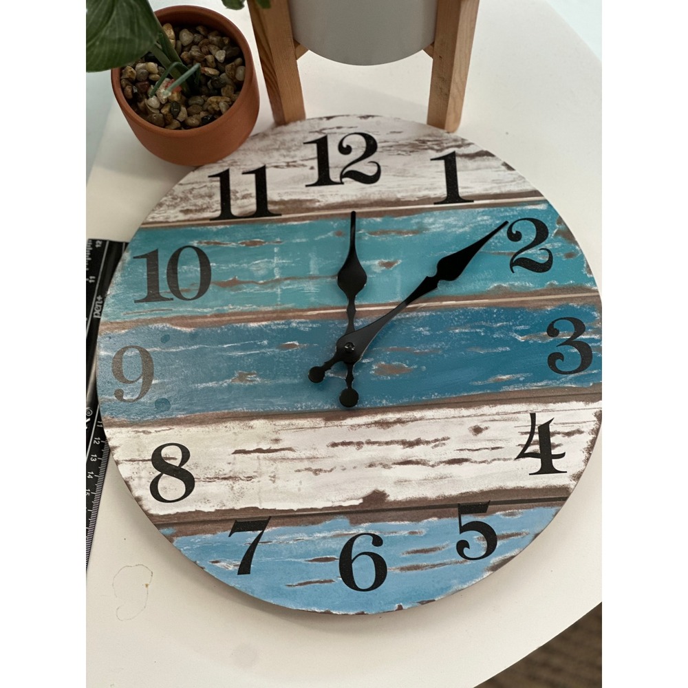Coastal Rustic Weather Wood Face BLue White Brown Clock Antique Warmth